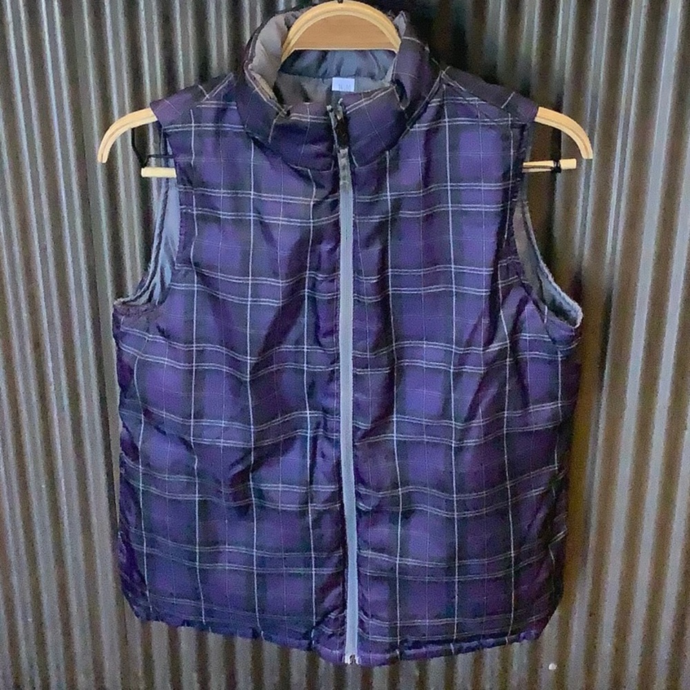Purple plaid puffer vest